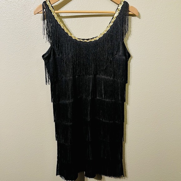 Forum By Rubies Black Tassle Dress Gold Trim Flapper Dress Great Gatsby Sz XS/S - Picture 1 of 9